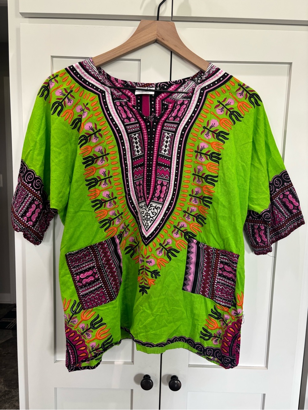 Rainbow Cotton Boho Bright Green and Pink Dashiki Top
